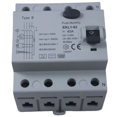 نوع B IP20 RCD مدار قطع کننده 40A 3 فاز 4 قطب MCB حالت الکترومغناطیسی